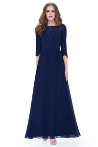 Navy 3/4 sleeve A-line Chiffon Lace Long Prom Dresses