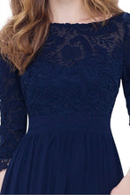 Navy 3/4 sleeve A-line Chiffon Lace Long Prom Dresses
