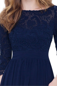 Navy 3/4 sleeve A-line Chiffon Lace Long Prom Dresses