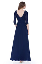 Navy 3/4 sleeve A-line Chiffon Lace Long Prom Dresses