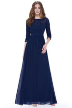 Navy 3/4 sleeve A-line Chiffon Lace Long Prom Dresses