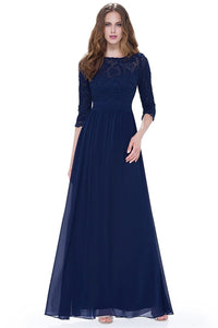 Navy 3/4 sleeve A-line Chiffon Lace Long Prom Dresses