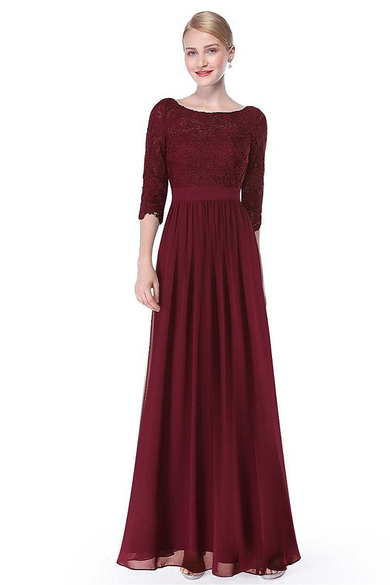 Burgundy 3/4 sleeve A-line Chiffon Lace Long Prom Dresses