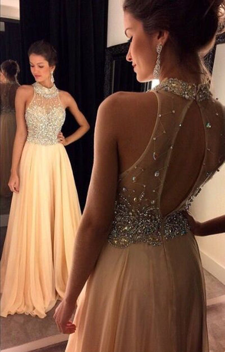 Natural A-line Long Beadings Sleeveless Chiffon High-neck Prom Dresses