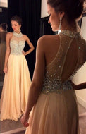 Natural A-line Long Beadings Sleeveless Chiffon High-neck Prom Dresses
