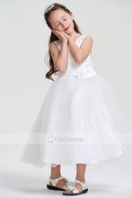 White Ball Gown Tea-length Applique Organza Flower Girl Dress with Flower