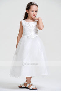 White Ball Gown Tea-length Applique Organza Flower Girl Dress with Flower
