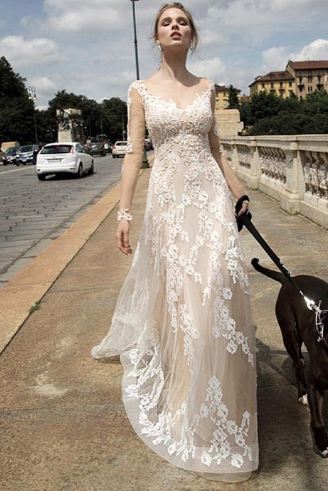 Champagne Decent Chapel Train Full/Long Sleeve Empire Wedding Dresses