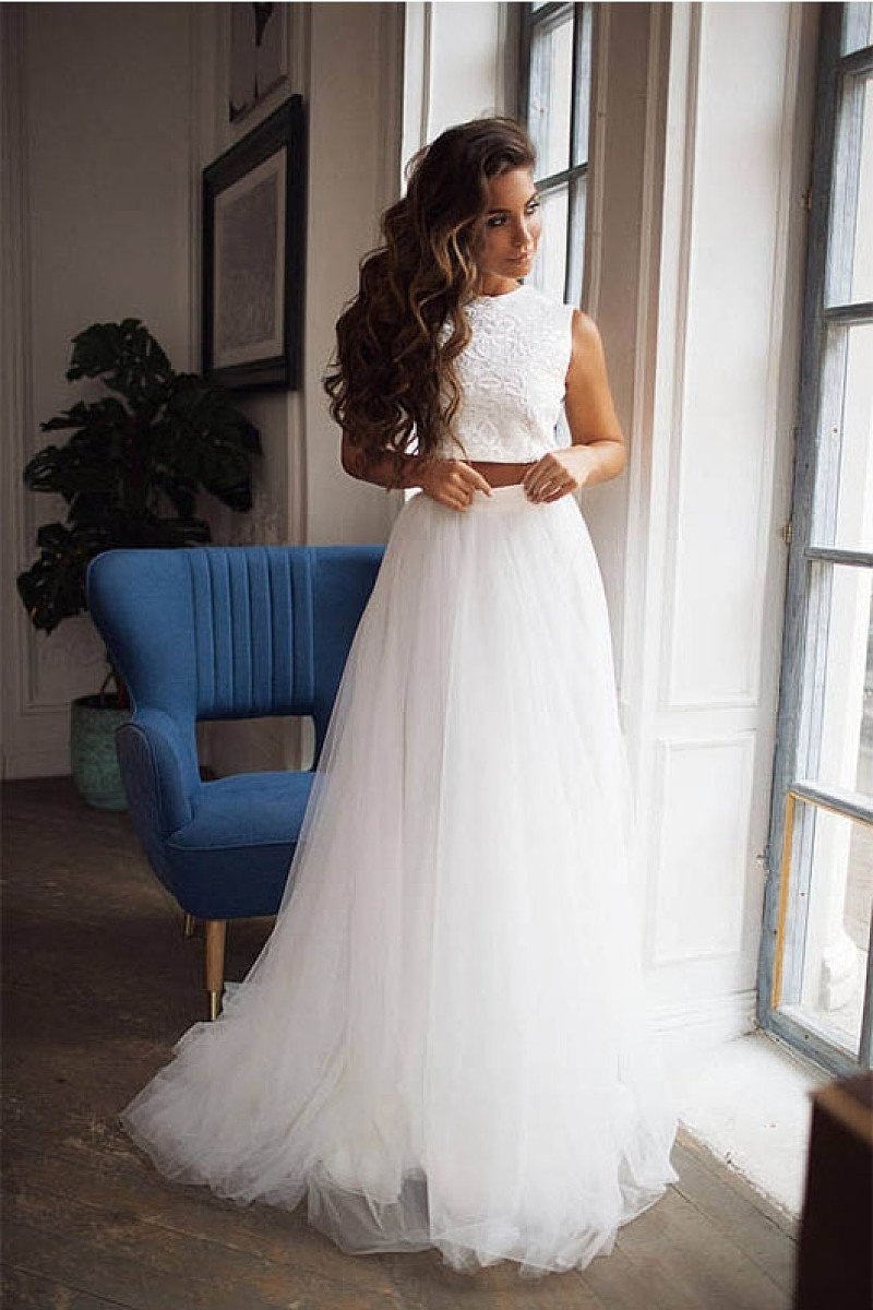 Ivory Sexy Two-Piece Lace Top Tulle Wedding Dresses