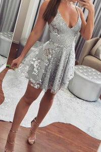 Sexy A-line Deep V-Neck Sequin Tulle Homecoming Dresses