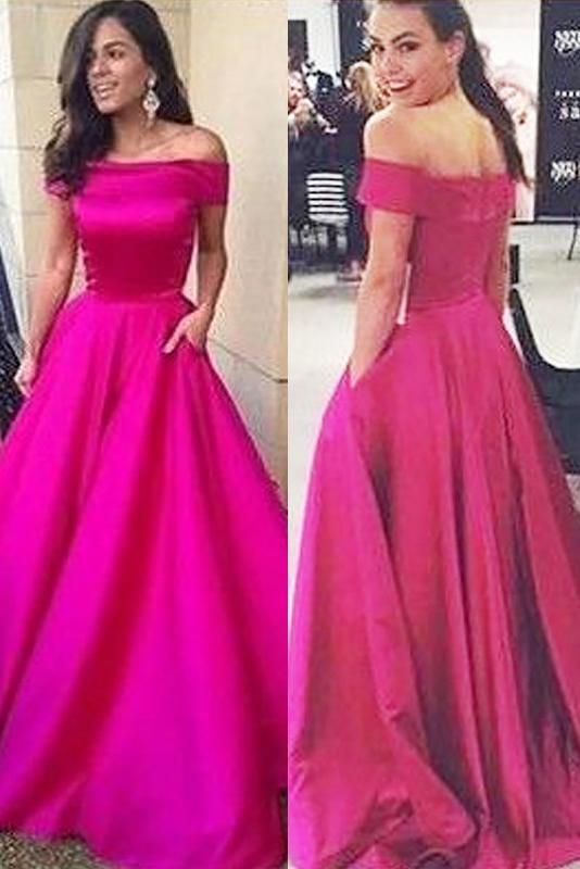 Modern Ball Gown Off-the-Shoulder Sweep Train Fuchsia Prom Dresses
