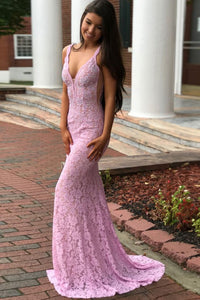 Pink Trumpet/Mermaid  V-Neck Backless Lace Prom Dress with Beading