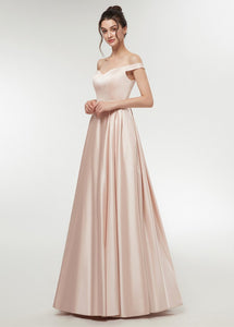 Satin Off-the-shoulder A-line Floor-Length Prom Dress With Beadings