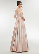 Satin Off-the-shoulder A-line Floor-Length Prom Dress With Beadings