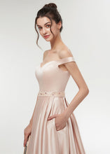 Satin Off-the-shoulder A-line Floor-Length Prom Dress With Beadings