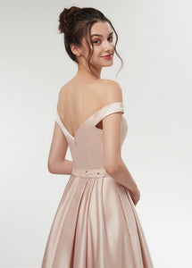 Satin Off-the-shoulder A-line Floor-Length Prom Dress With Beadings