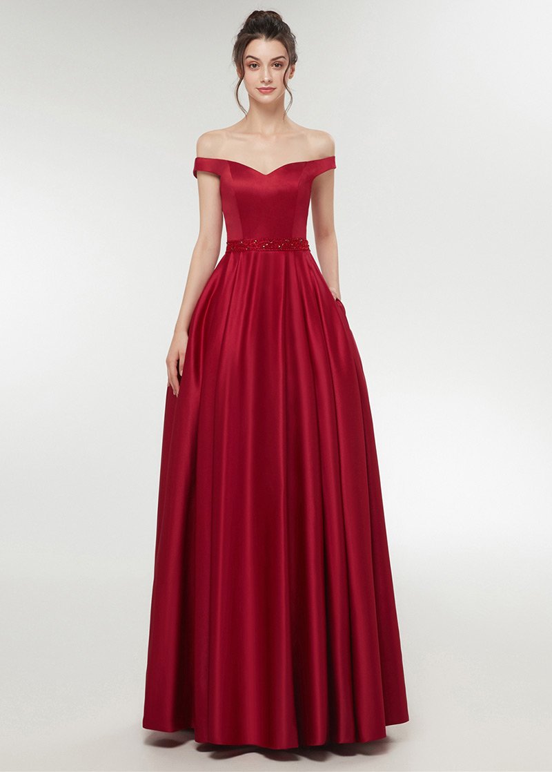 Red Satin Off-the-shoulder A-line Floor-Length Prom Dress With Beadings