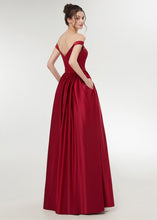 Red Satin Off-the-shoulder A-line Floor-Length Prom Dress With Beadings