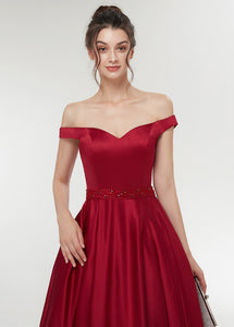 Red Satin Off-the-shoulder A-line Floor-Length Prom Dress With Beadings