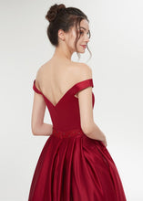 Red Satin Off-the-shoulder A-line Floor-Length Prom Dress With Beadings