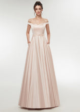 Satin Off-the-shoulder A-line Floor-Length Prom Dress With Beadings