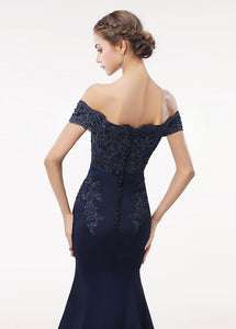 Off-the-shoulder Mermaid Evening Dress With Lace Appliques & Beadings