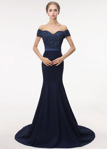 Off-the-shoulder Mermaid Evening Dress With Lace Appliques & Beadings