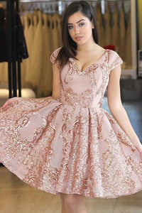 A-Line/Princess  Short Sleeves V-neck Prom Dresses