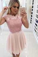 A-Line/Princess Scoop Chiffon Neck Short Prom Dresses with Beading