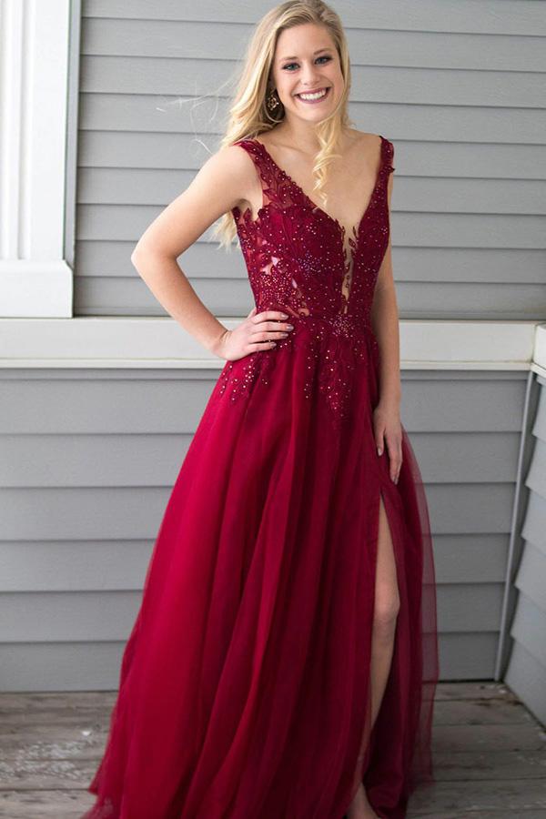 V-neck Tulle Floor-Length Sleeveless Prom Dresses with Appliques Lace