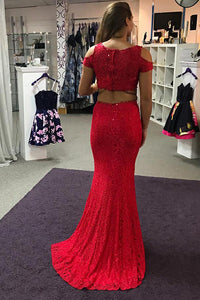 Red Lace Floor-Length Scoop Neck Prom Dresses