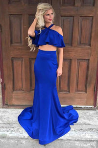 Blue Chiffon Floor-Length Halter  Prom Dresses