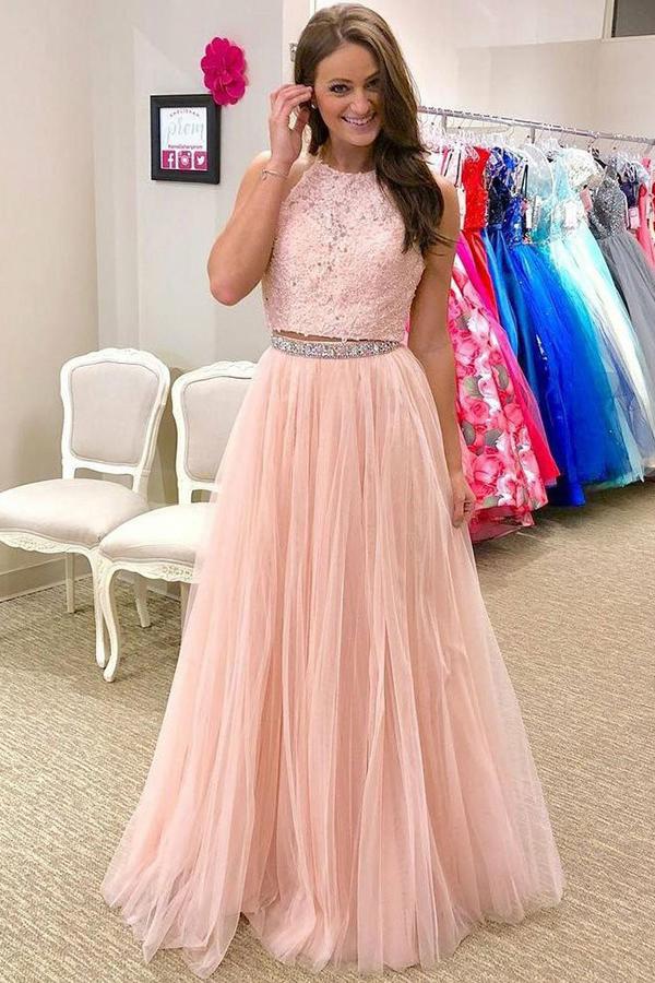 Pink Floor-Length Tulle Halter Prom Dresses with Beading