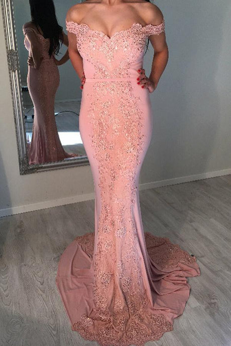 Trumpet/Mermaid Lace Off-the-Shoulder Sweep Train Prom Dresses