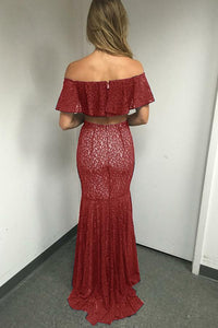 Red Two Piece Off-the-Shoulder Floor-Length Lace Prom Dress