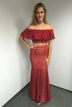 Red Two Piece Off-the-Shoulder Floor-Length Lace Prom Dress