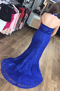 Trumpet/Mermaid Halter Sweep Train Lace Prom Dresses