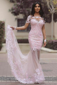 Trumpet/Mermaid Lace Short Sleeves Scoop Neck Prom Dresses