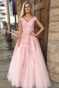 A-Line/Princess  Tulle Floor-Length Appliques Lace Prom Dresses