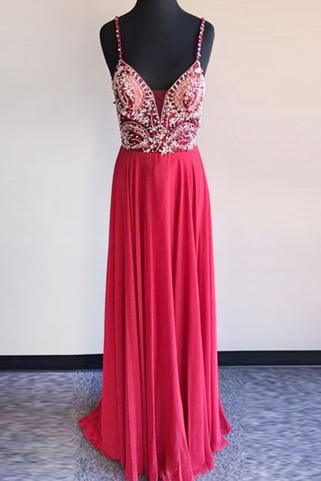 Spaghetti Straps Chiffon Beading Sleeveless Prom Dresses