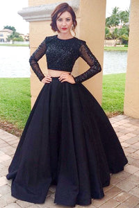 Black Satin Long Sleeves Scoop Neck Prom Dresses with Beading
