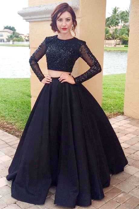 Black Satin Long Sleeves Scoop Neck Prom Dresses with Beading