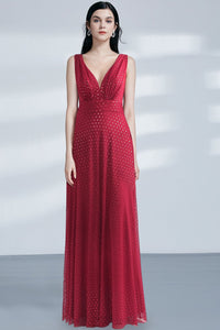 Tulle Sleeveless Sequined Floor-Length V-neck Prom Dresses