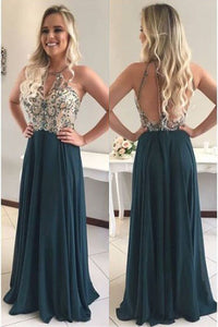 Ink Blue Floor-length Chiffon Halter Sleeveless Prom Dresses