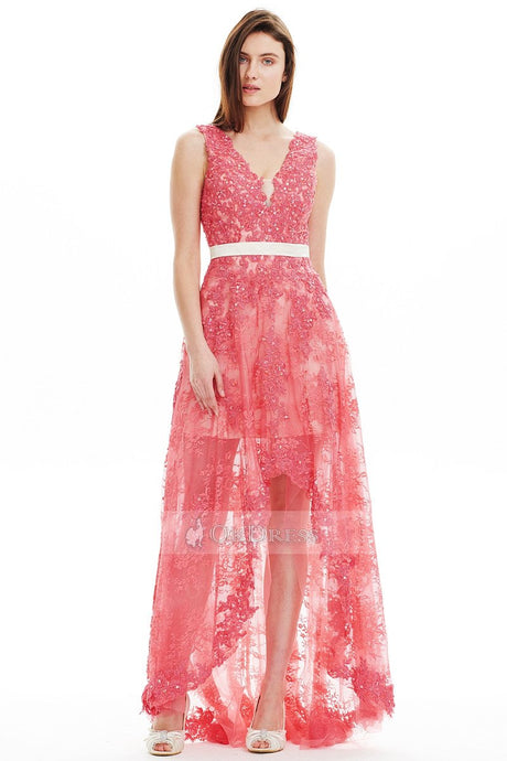 Glamour Spring V-neck High-low Lace Prom Dress Online Sale