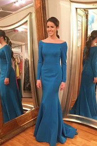 Blue Satin Bateau Zipper Long Sleeves Ocean Prom Dresses