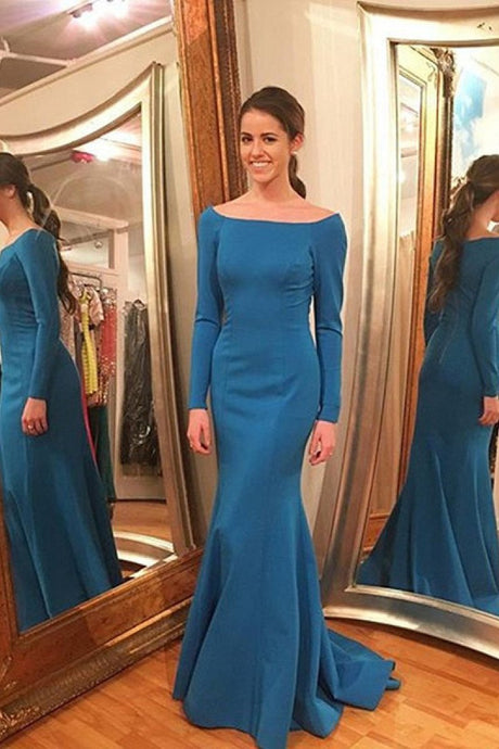 Blue Satin Bateau Zipper Long Sleeves Ocean Prom Dresses