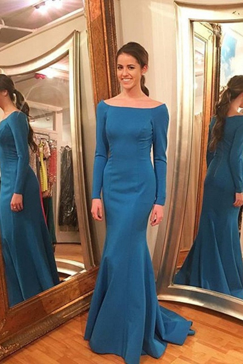 Blue Satin Bateau Zipper Long Sleeves Ocean Prom Dresses