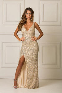 Champagne Sheath/Column Deep V-neck Split Long Formal Prom Dresses