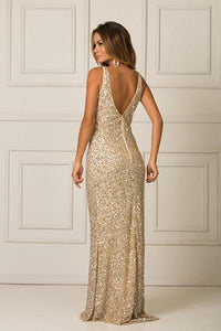 Champagne Sheath/Column Deep V-neck Split Long Formal Prom Dresses